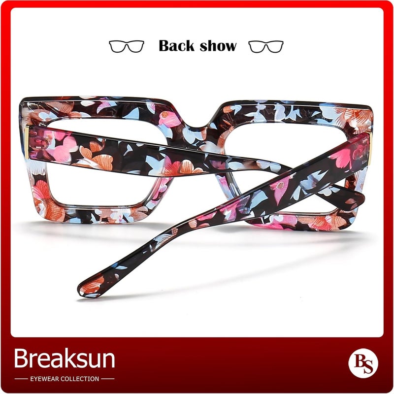 Breaksun Oversized Blue Light Glasses for Women Fashion Thick Square Computer Eyewear Non-Prescription Black Glasses (Flower) - Image 4
